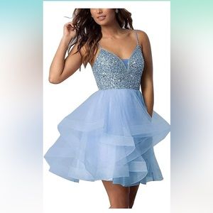 XingMeng baby blue Beaded Short Prom Dress